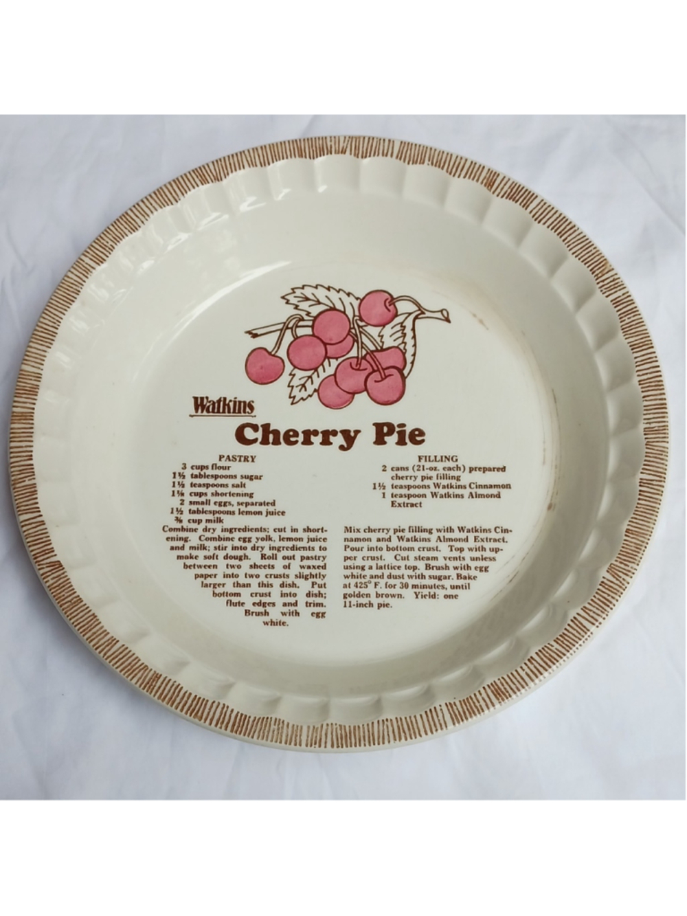 VTG Watkins Cherry Pie Recipe Ceramic Pie Dish 11" Microwave Safe Farmhouse